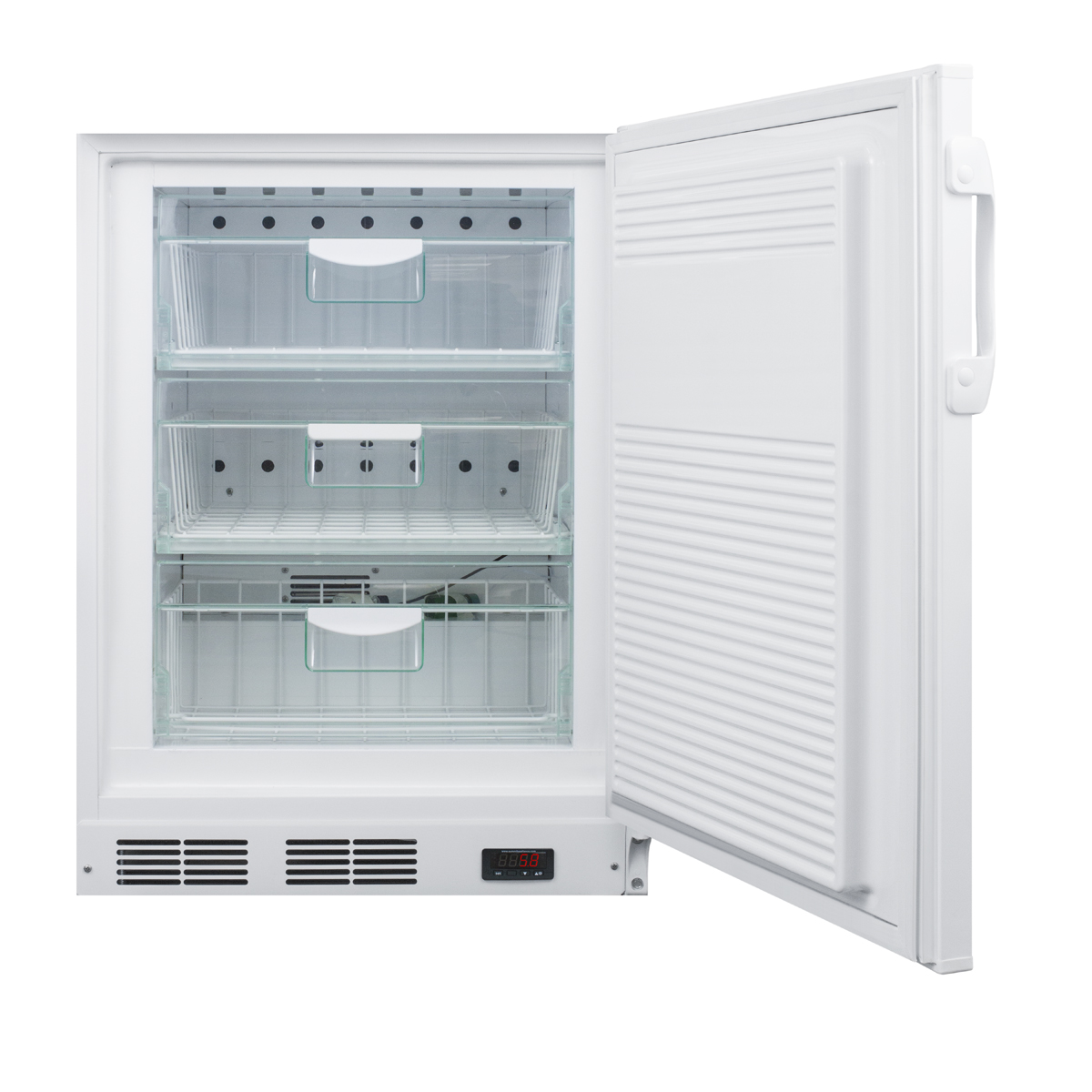 Built-in ADA undercounter medical all-refrigerator for temperature stable medical storage, with interior basket drawers, internal fan, lock, and more